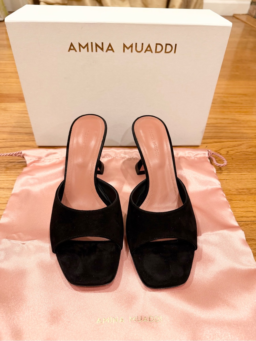 AMINA MUADDI Lupita Slipper 70 Black Suede Mule Sandals Heels 39.5 - Picture 3 of 11